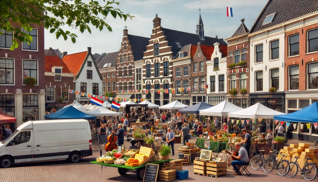 Symbolbild: Ein ruhiger, sonniger Marktplatz in Zeeland, Niederlande, mit traditionellen Ständen, historischen Gebäuden im Hintergrund und Menschen, die lokale Produkte genießen. Keine Lieferwagen, nur eine entspannte, kulturell reiche Atmosphäre. Dieses Bild wurde per KI erzeugt.